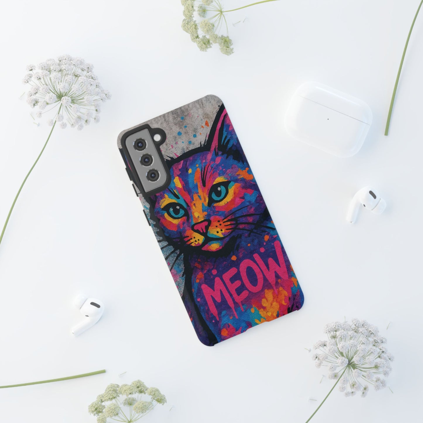 „Meow Madness – etui na telefon z motywem graffiti i kotem w stylu street art”